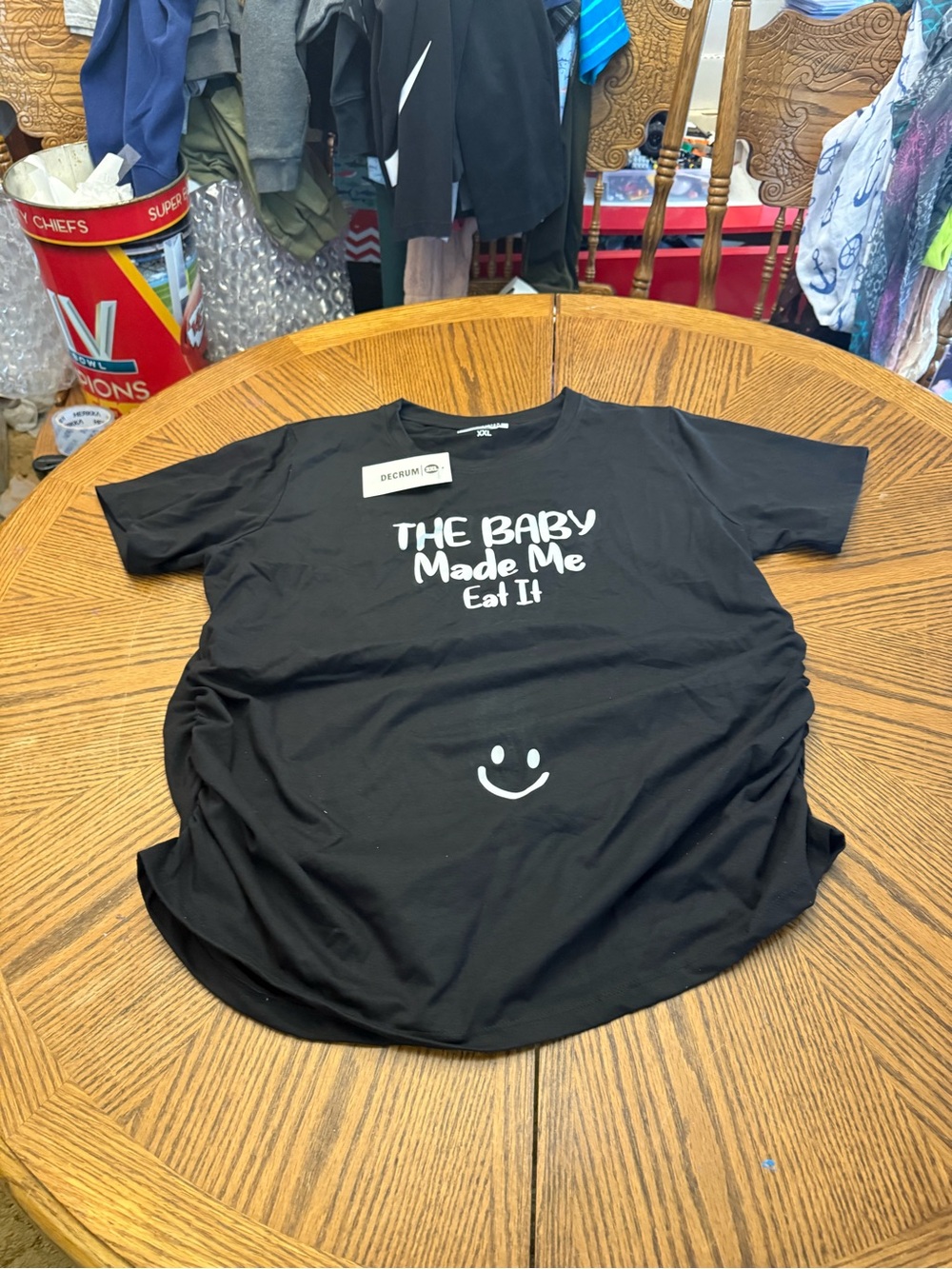 Decrum Maternity Black Short Sleeve Tee with White Text and Smile Graphic